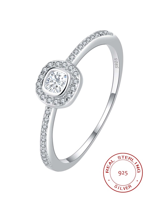 S925 Ring, Damen klassischer personalisierter Verlobungsring, simulierter platinüberzogener Modeschmuckring, mikroeingelassenes geometrisches Design Knöchel-/Midi-Ring, im Geschenkkarton, zufälliger Stil