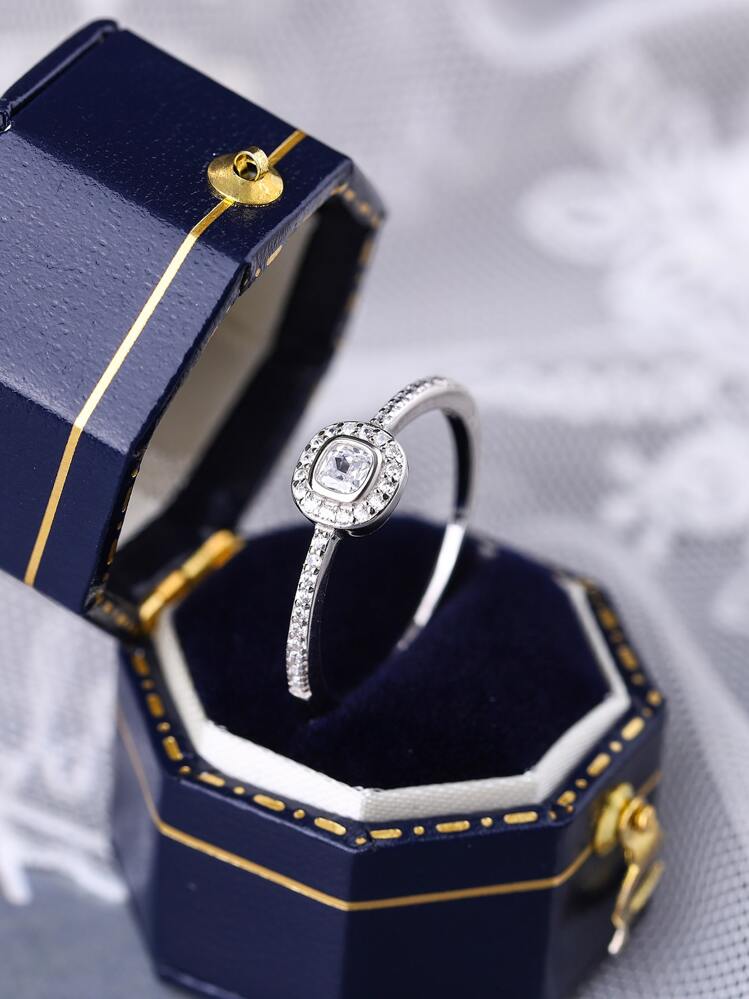 S925 Ring, Women Classic Personalized Engagement Proposal Ring, Simulated Platinum Plated Fashion Ring, Micro-Inlaid Geometric Design Knuckle/Midi Ring, Boxed Set, Random Style - White - View 3