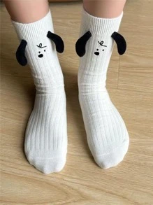 1雙可愛女式白色中筒襪，帶 3D狗耳朵，四個季節時尚運動襪 - 白色 - 查看 1