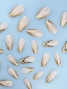 Upgrade Your Look With 24pcs Long Almond Glitter Full Cover Fake Nail Kit - Multicolor - View 3