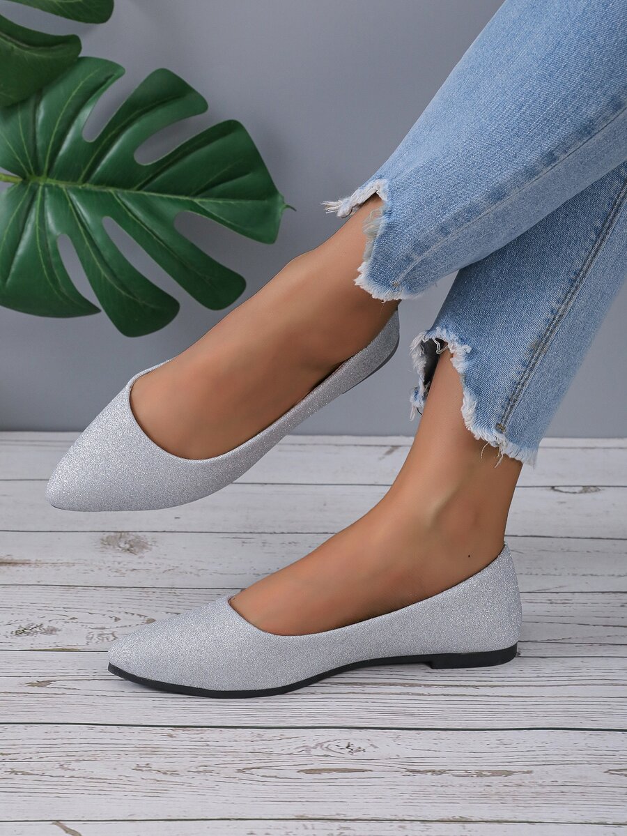 Women's Elegant Silver Pointed Toe Flat Shoes - Silver - View 1