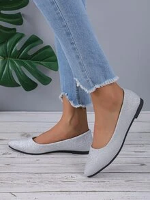 Women's Elegant Silver Pointed Toe Flat Shoes - Silver - View 6
