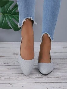 Women's Elegant Silver Pointed Toe Flat Shoes - Silver - View 2