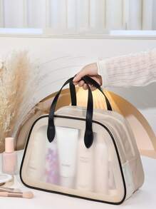 Beige PU Thickened Dry And Wet Separation Clear Wash Bag Portable Waterproof Double Layer Organizer Toiletry Travel Bag Large Capacity Transparency PVC Storage Makeup Bag For Bathroom Cruise Essential - Beige - View 3