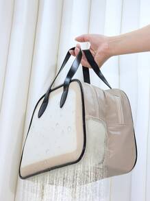 Beige PU Thickened Dry And Wet Separation Clear Wash Bag Portable Waterproof Double Layer Organizer Toiletry Travel Bag Large Capacity Transparency PVC Storage Makeup Bag For Bathroom Cruise Essential - Beige - View 4