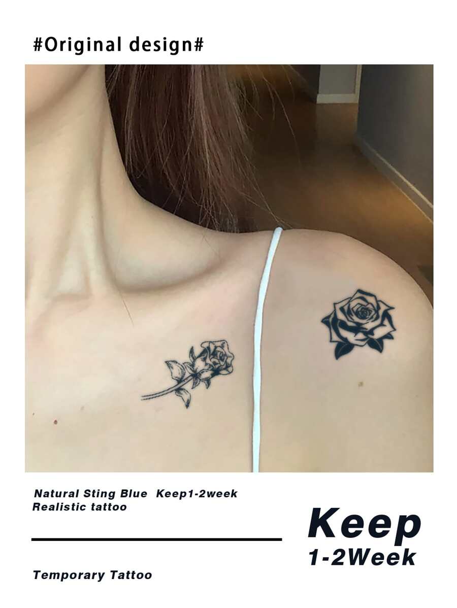 1 pieza impermeable pequeño Pegatina Tatuaje con con patrón de rosa - Negro - Ver 1