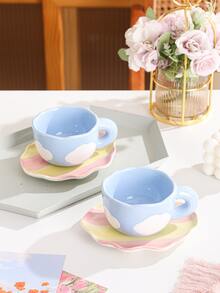 Handmade Hand-painted Cloud Pattern Ceramic Coffee Cup And Saucer Set Milk Cup Teacup Espresso Cup, Sold Separately - Blue and White - View 3