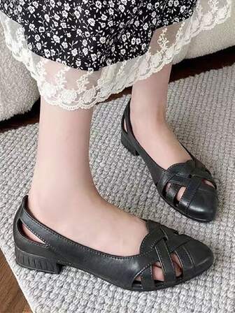 Women's Peep Toe Sandals With Hollow Out Design, Non-slip Chunky Heeled, Soft Sole