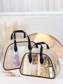 Beige PU Thickened Dry And Wet Separation Clear Wash Bag Portable Waterproof Double Layer Organizer Toiletry Travel Bag Large Capacity Transparency PVC Storage Makeup Bag For Bathroom Cruise Essential - Beige - View 2