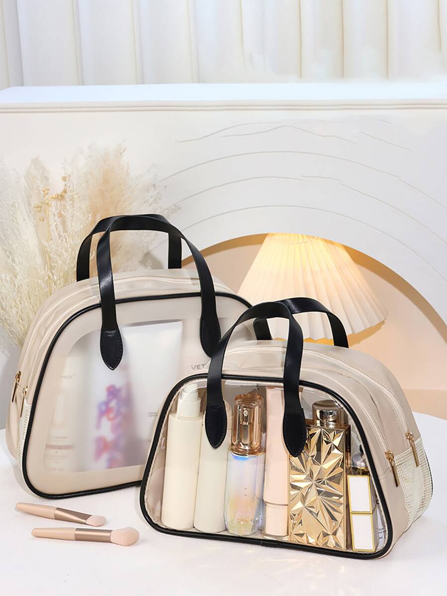 FUDEAM 米色pu双层化妆包便携女旅行大容量干湿分离防水PVC收纳洗漱包防水化妆包化妆品收纳盒彩妆收纳 - 米色 - 查看 1