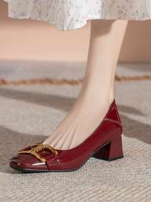 NỮ Trang trí kim loại Chóp giầy hình vuông Gót thô Giày cao gót , Thời trang Ngoài trời Da độc quyển nhân tạo Giày nữ Baotou - Màu Đỏ Sâu - Xem 4