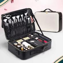 1 pieza Bolsa de almacenamiento de cosméticos de PU, organizador de maquillaje impermeable para viajes, profesional y portátil, bolso de mano con gran capacidad - Blanco - Ver 2