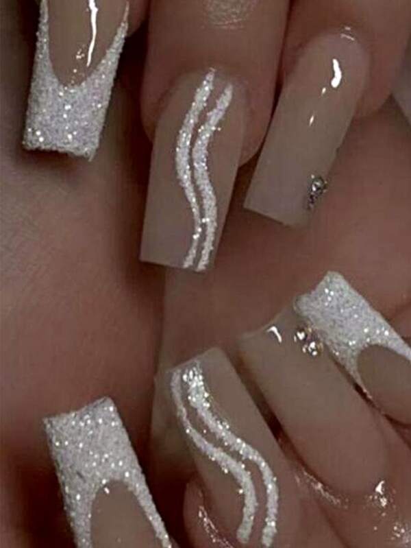 24 szt. Świecące Francuski Fale Długi Trapezoidalny Sztuczne paznokcie ...