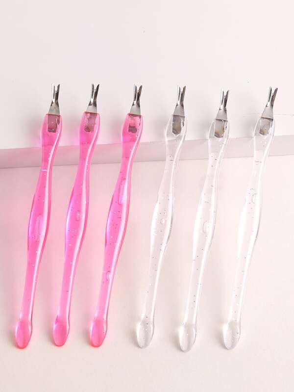 6 pièces En Plastique À Deux Extrémités Peau Morte Dissolvant , Design V Repousse-cuticules , Rose & transparent , Adapté Pour Domicile Et Salon De Manucure Nettoyage Et Soin Outil