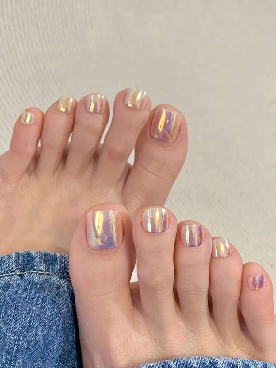 Mejora tu apariencia con 30 piezas de diseño de uñas para pies con forma cuadrada corta, efecto espejo en polvo láser, colores Aurora. Viene con 1 pieza de pegamento de gelatina y 1 pieza de lima de uñas. Adecuado para fiestas, bailes, uso diario, etc. - Multicolor - Ver 1