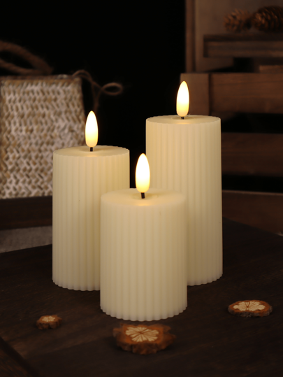 3pcs Plastic Beige Gear & Stripe Patterned Led Electronic Candles (No Flame) Set For Party & Home Decoration