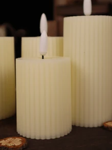 3pcs Plastic Beige Gear & Stripe Patterned Led Electronic Candles (No Flame) Set For Party & Home Decoration