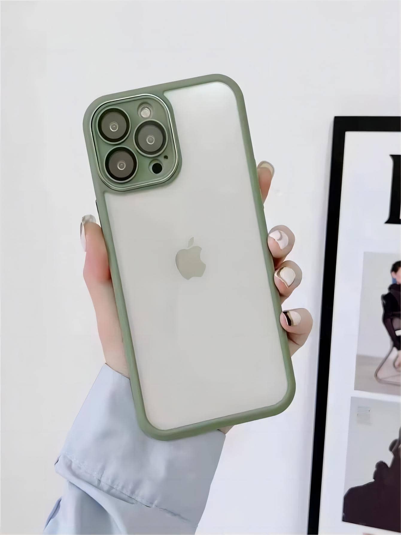 Capa Transparente De Cristal Com Lente Para iPhone - Verde Militar - Visão 1