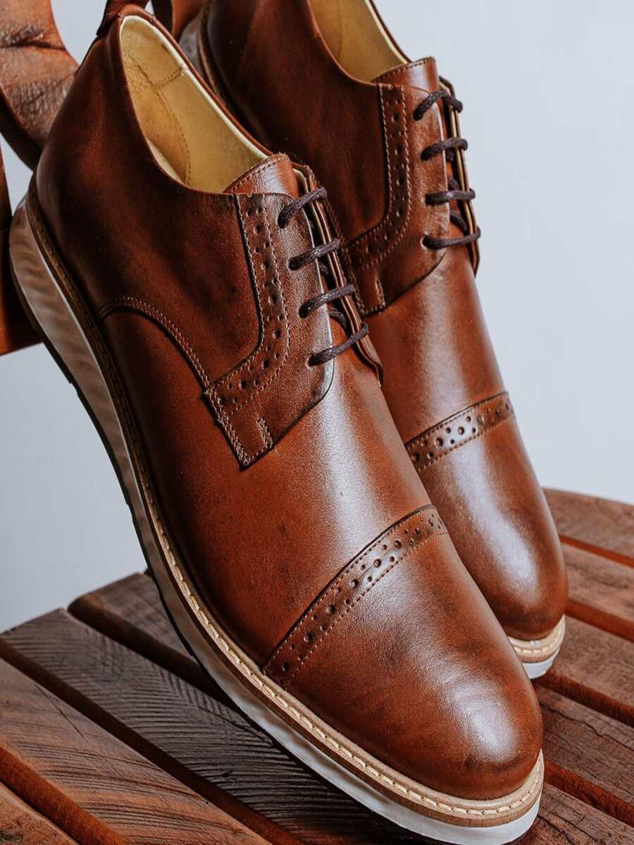 Sapato Casual Masculino Festas Casamento De Amarrar - Castanho - Visão 1