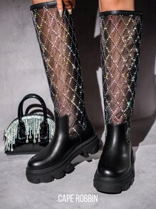 Danas Women's Knee High Mesh Boots With Chunky Lug Sole - 黑色 - 查看 1