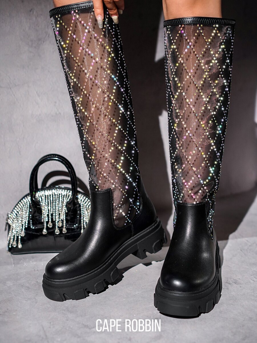Danas Women's Knee High Mesh Boots With Chunky Lug Sole - 黑色 - 查看 1