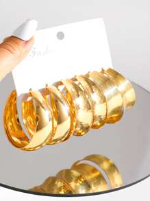 6pcs Fashionable Wide Stripes & Water Ripples Hoop Earrings Set For Party & Dating, Gift Option - Yellow Gold - View 1