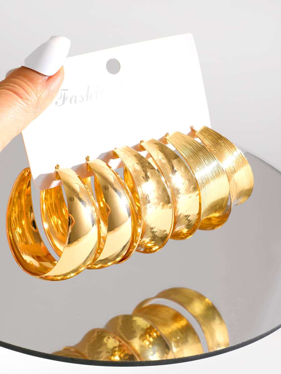 6pcs Fashionable Wide Stripes & Water Ripples Hoop Earrings Set For Party & Dating, Gift Option - Yellow Gold - View 1