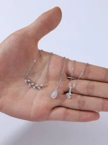 Hihho 3 件套时尚休闲水滴和树枝设计锆石镶嵌女士项链套装适合派对和送礼 - 銀色 - 查看 2