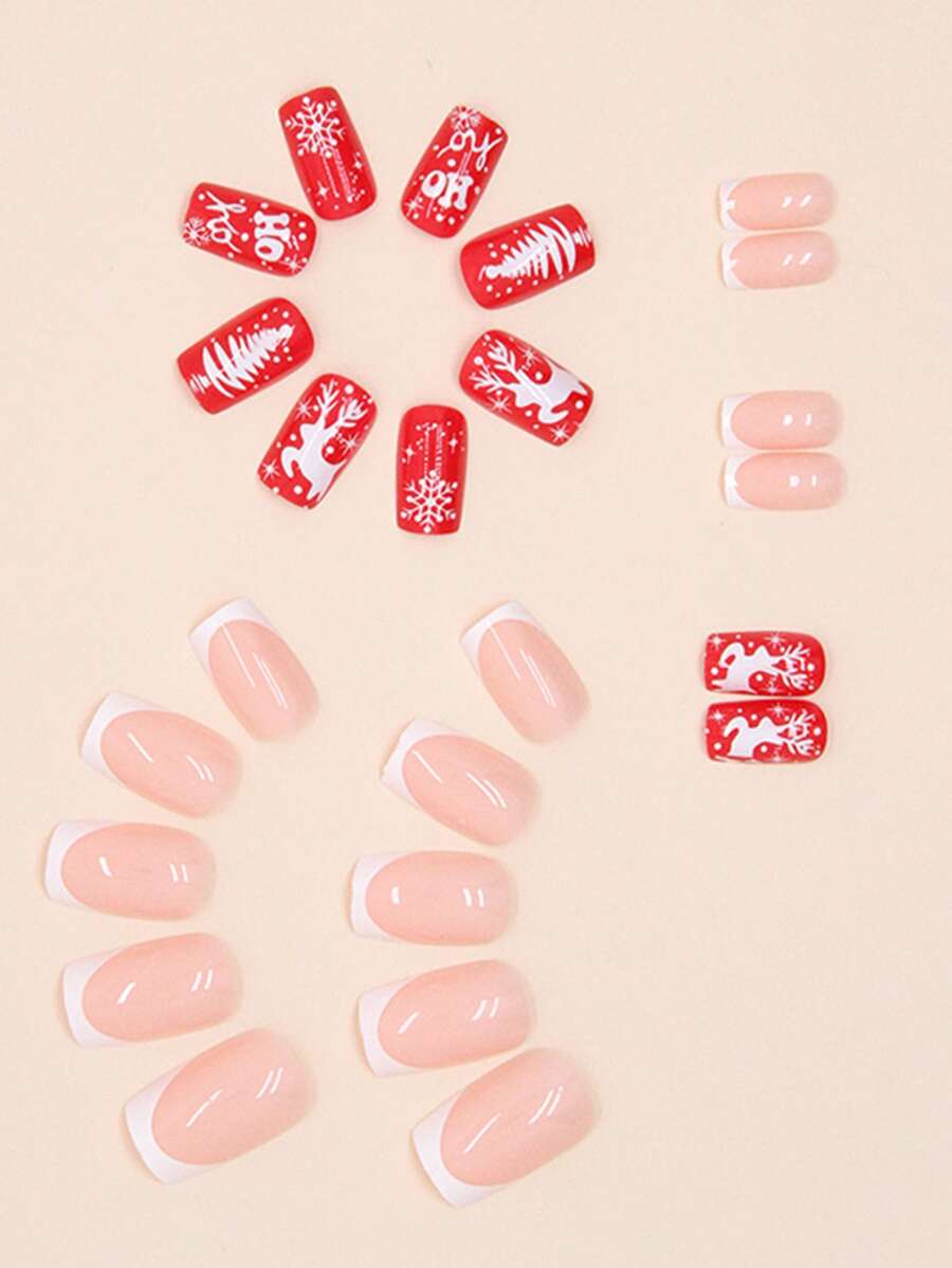 24pcs Medium Long Square Nails, Cute And Sweet Red Snowflakes, Elk
