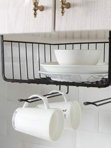 1pc Creative Cabinet Under Partition Wall Hanging Basket, Metal Kitchen Tool Rack, Hanging Storage Shelf For Canned, Plastic Wrap And Kitchen Towels, Under-desk Bookshelf, Multi-function Organizer For Bedroom Closet - Black - View 3