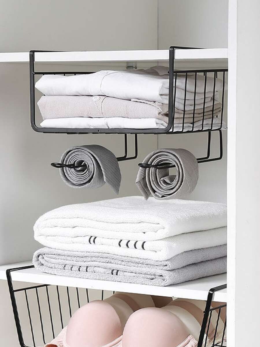 1pc Creative Cabinet Under Partition Wall Hanging Basket, Metal Kitchen Tool Rack, Hanging Storage Shelf For Canned, Plastic Wrap And Kitchen Towels, Under-desk Bookshelf, Multi-function Organizer For Bedroom Closet - Black - View 1