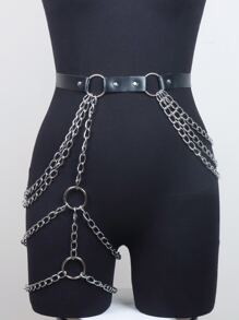 1 chiếc thắt lưng da trang trí xích bạc có dây xích sắp xếp bất đối xứng cho đùi nữ gợi cảm trong lễ Halloween - màu đen - Xem 4