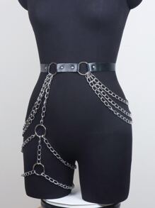 1 chiếc thắt lưng da trang trí xích bạc có dây xích sắp xếp bất đối xứng cho đùi nữ gợi cảm trong lễ Halloween - màu đen - Xem 6