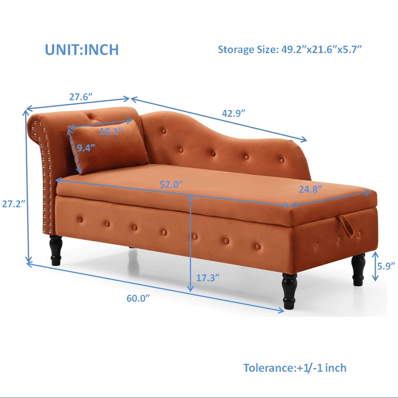 60" Velvet Storage Chaise Lounge, Buttons Tufted Sofa with Nailhead ...