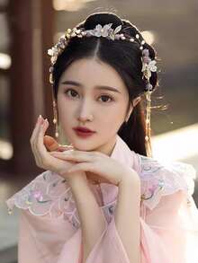 3pcs Female Chinese Style Hair Accessories- Long Faux Pearl & Tassel Hair Stick For Hanfu - Purple - View 1