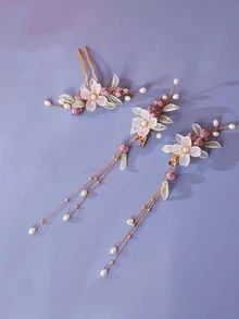 3pcs Female Chinese Style Hair Accessories- Long Faux Pearl & Tassel Hair Stick For Hanfu - Purple - View 2