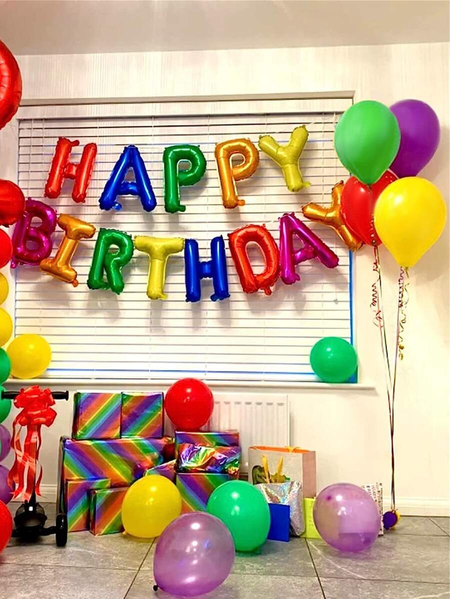 25个装 - 16英寸彩色彩虹生日快乐气球及红色、黄色、绿色、紫色乳胶气球套装，生日快乐英文字母铝箔气球，派对装饰，多色字母铝箔气球生日装饰 - 彩色 - 查看 1
