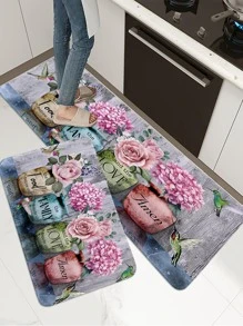1/2 pieza Alfombra de cocina con estampado floral vintage romántico, alfombra rectangular de terciopelo cristal suave antideslizante y absorbente, adecuada para cocina, comedor, sala de estar, uso doméstico - Multicolor - Ver 6