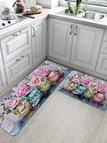 1/2 pieza Alfombra de cocina con estampado floral vintage romántico, alfombra rectangular de terciopelo cristal suave antideslizante y absorbente, adecuada para cocina, comedor, sala de estar, uso doméstico - Multicolor - Ver 4