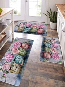 1/2 pieza Alfombra de cocina con estampado floral vintage romántico, alfombra rectangular de terciopelo cristal suave antideslizante y absorbente, adecuada para cocina, comedor, sala de estar, uso doméstico - Multicolor - Ver 1