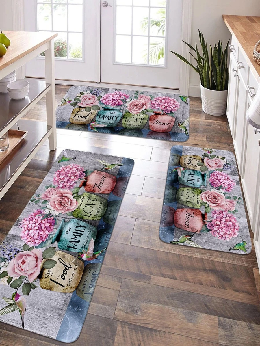 1/2 pieza Alfombra de cocina con estampado floral vintage romántico, alfombra rectangular de terciopelo cristal suave antideslizante y absorbente, adecuada para cocina, comedor, sala de estar, uso doméstico - Multicolor - Ver 1