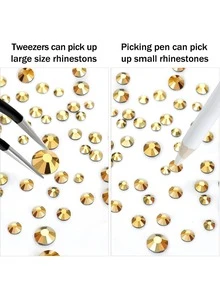 2000 chiếc Bằng phẳng Trở lại Kim cương giả pha lê Bộ In 6 Kích thước ( 1.5-6mm ) , Với Nhíp Và Pha lê Bút , Đối với DIY Nghệ thuật thủ công Móng tay Quần áo Giày dép Cái túi , Kim loại Màu sắc - Vàng - Xem 8
