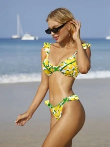 Bikinx Lemon Print Ruffled Top & Bowknot Bottom Separated Bikini Set Summer Beach - Yellow - View 4