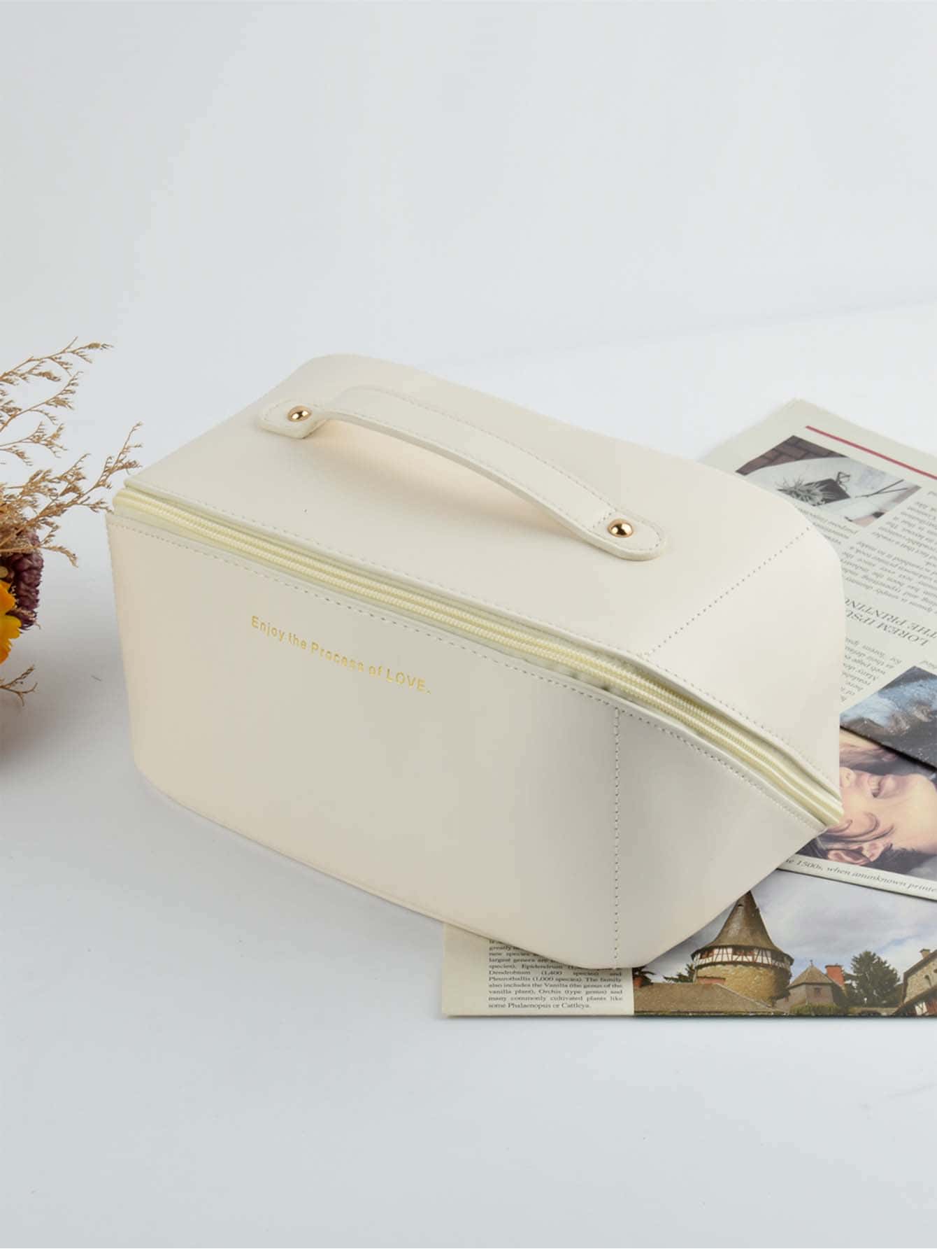 Bolsa de cosméticos con estampado de letra PU y asa superior individual, bolsa de maquillaje, organizador de maquillaje, almacenamiento de maquillaje