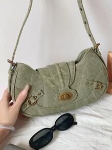 Vintage Fashion Canvas Shoulder Bag, Versatile - Army Green - View 9