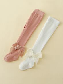 2pcs Baby Girls Bow Knot Solid Color Tights Suitable For Daily Wear - Multicolor - View 2
