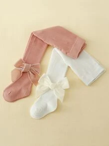 2pcs Baby Girls Bow Knot Solid Color Tights Suitable For Daily Wear - Multicolor - View 3