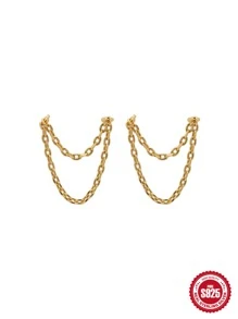 2Pcs S925 Sterling Silver Long And Short Double Layer Chain Tassel Earrings Earrings Earrings Women Party Jewelry Fine Jewelry Holiday