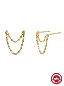 2Pcs S925 Sterling Silver Long And Short Double Layer Chain Tassel Earrings Earrings Earrings Women Party Jewelry Fine Jewelry Holiday