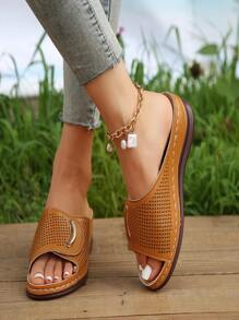 Women Hollow Out Metal Decor Slide Sandals, Fashionable Yellow Flat Sandals - Yellow - View 1